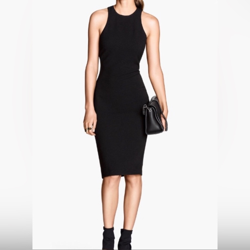 H&M black textured crepe racerback midi bodycon dress